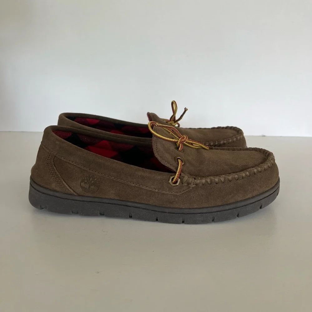 Timberland Men's Stony Ledge Flannel-Lined Moc Slipper in Dark Brown, size 7